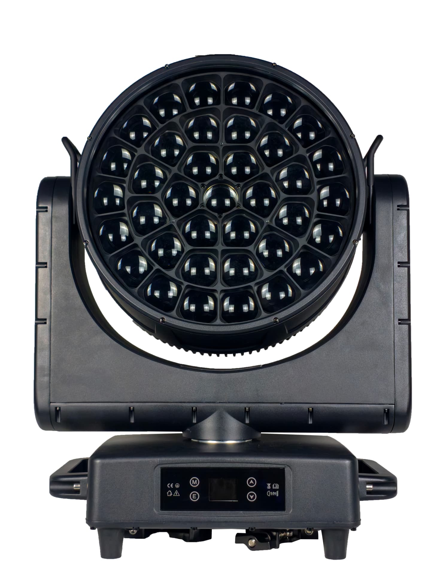 Front view of a 37-LED IP65 moving head wash showing the honeycomb lens array