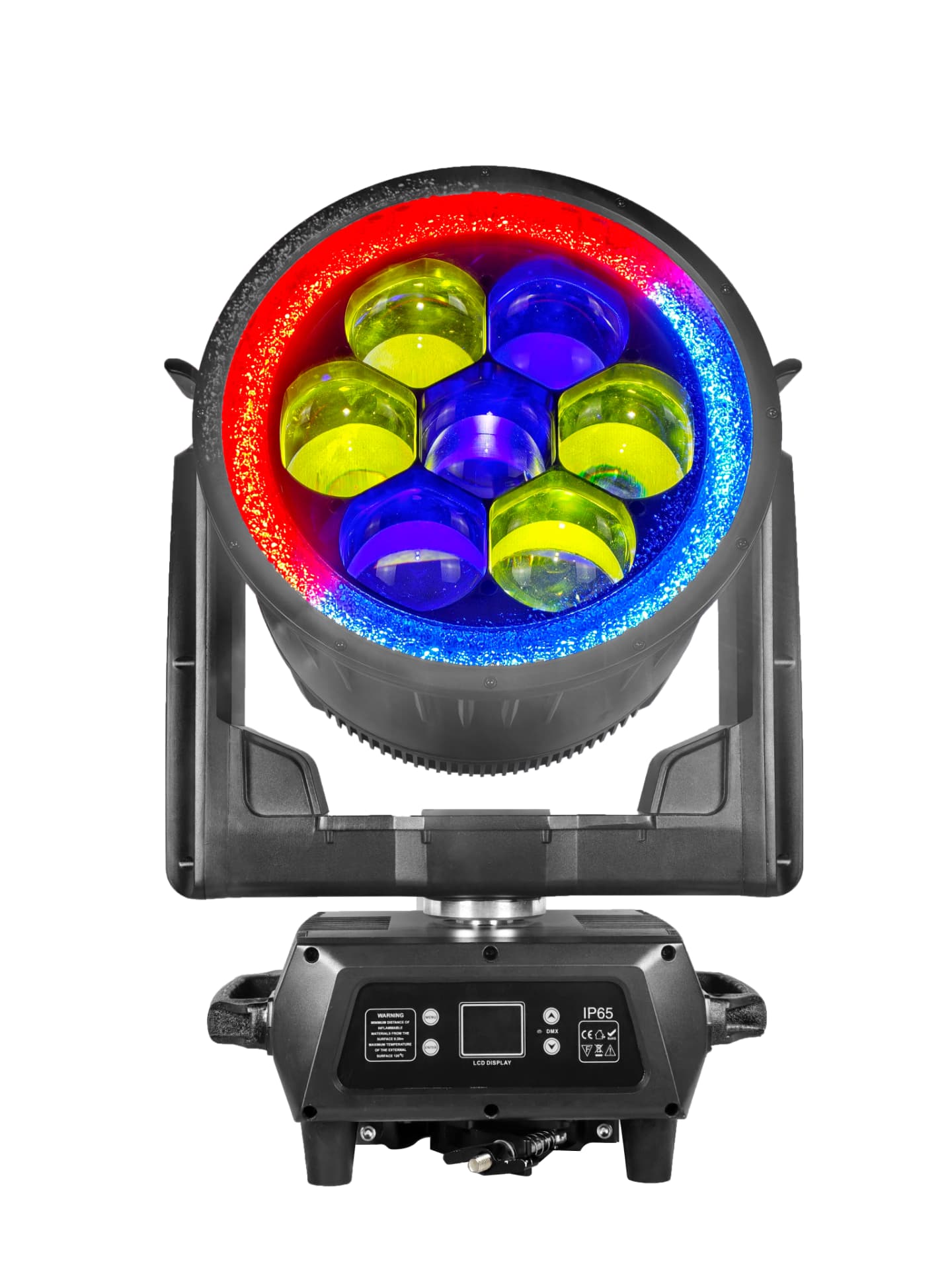 IP65 waterproof moving head wash light with 7 large RGBW lenses and LED halo ring