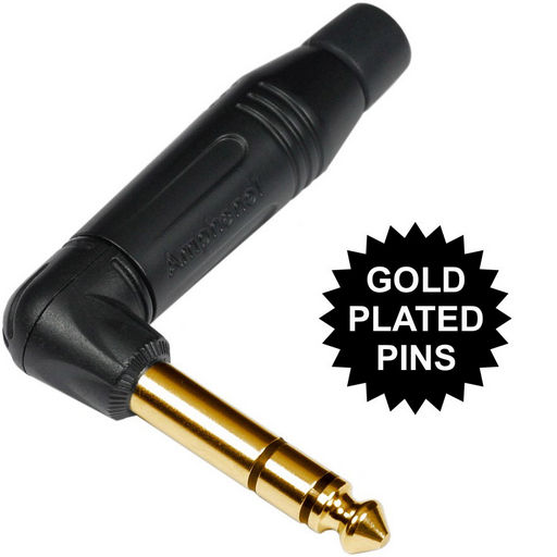 Right-angle 6.35 mm stereo jack plug with gold-plated pin