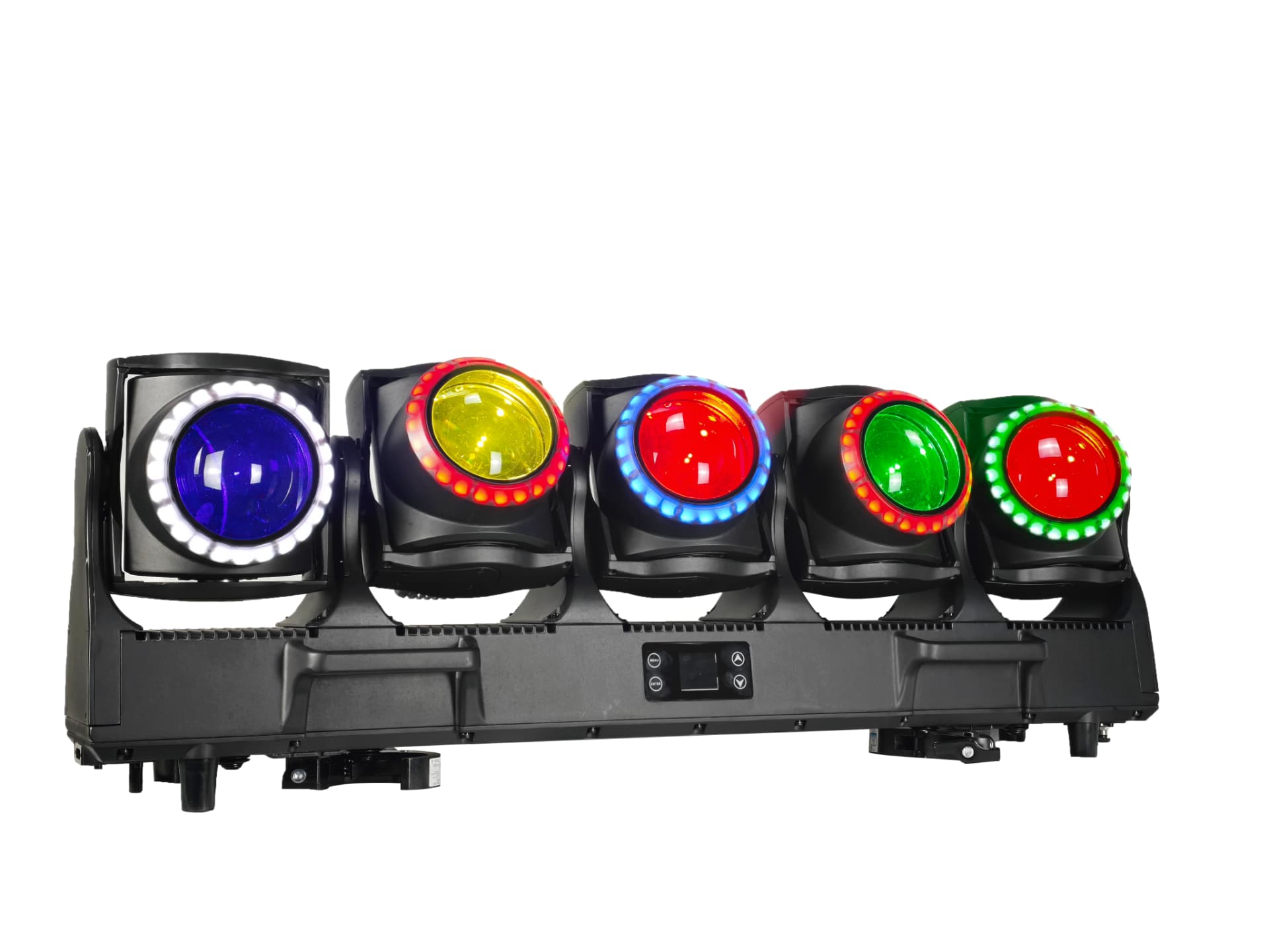 Five-head moving beam bar with coloured lenses and LED halo rings