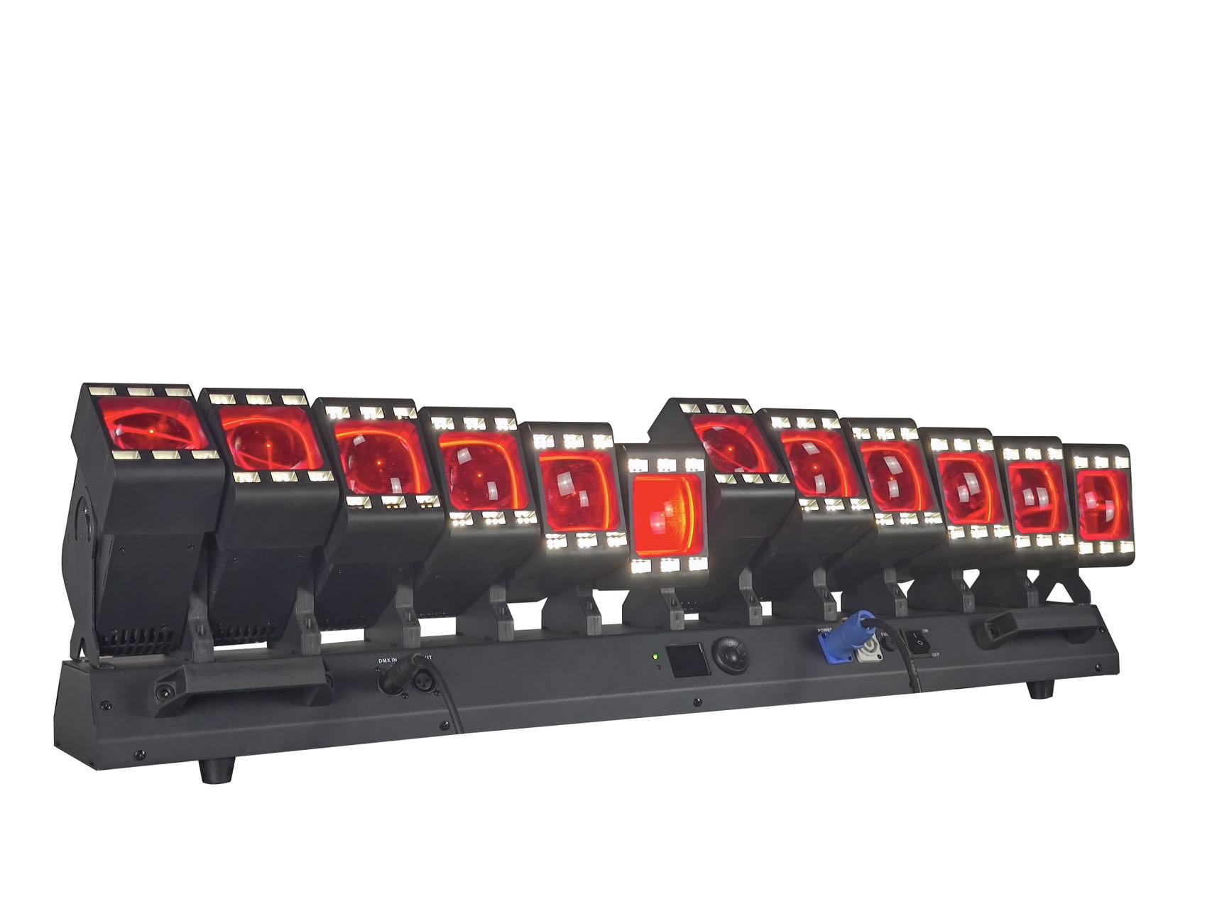 Twelve-head moving beam bar with white SMD strobe panels