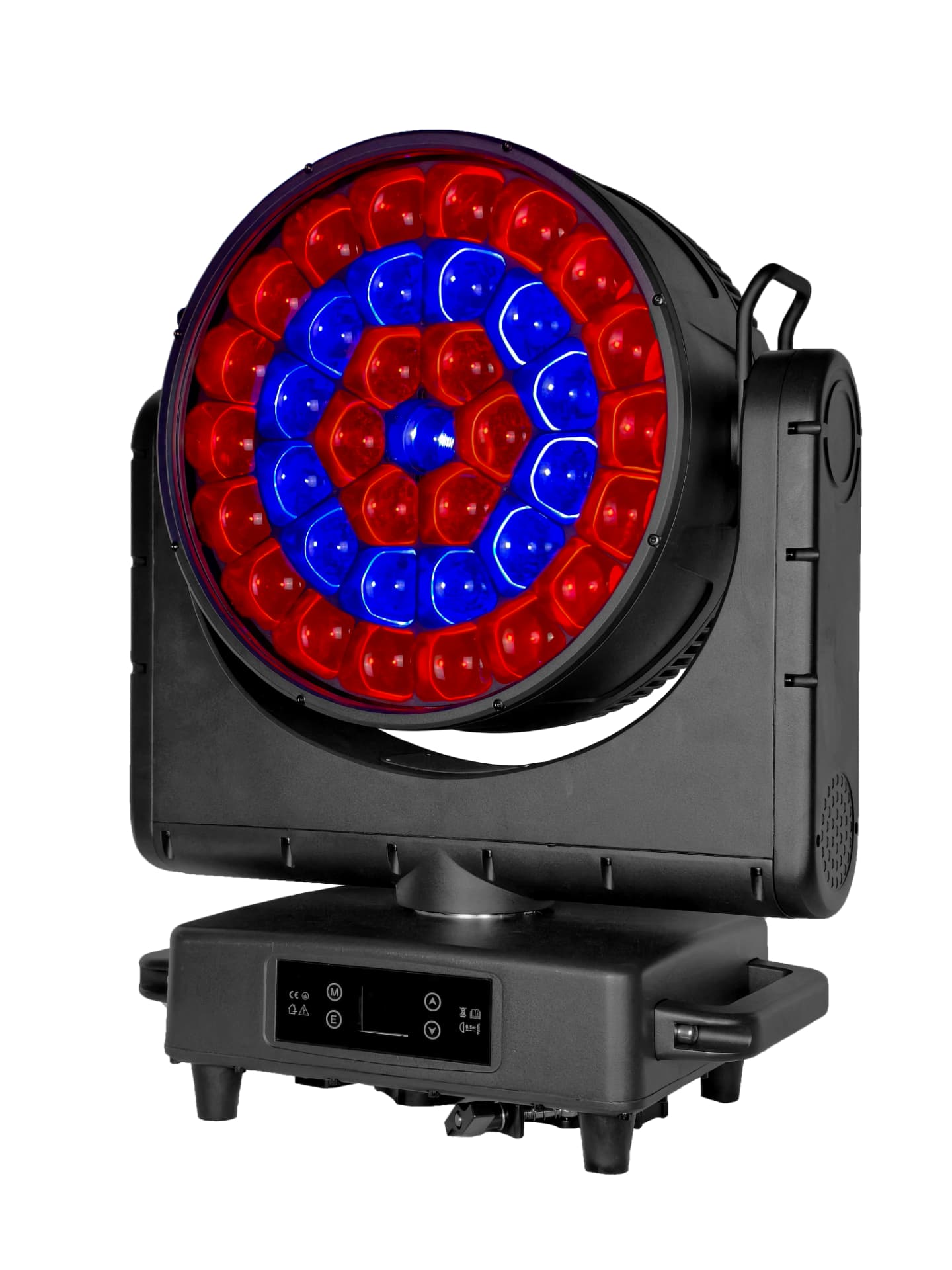 Large IP65 moving head wash with 37 RGBW lenses lit in red and blue rings
