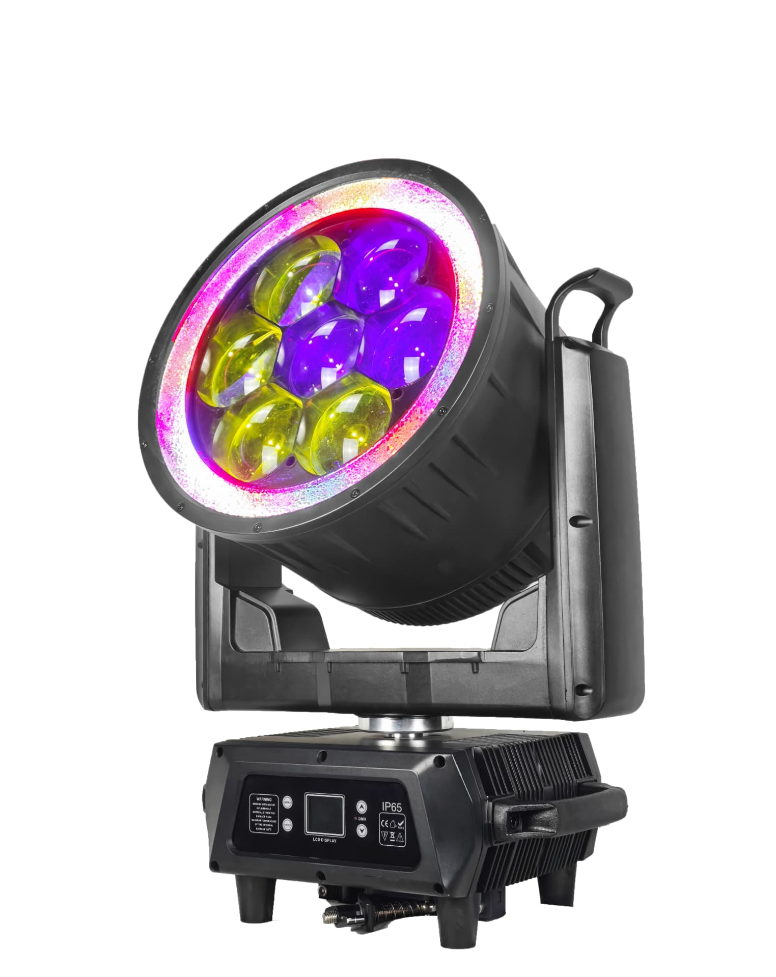 Side view of IP65 waterproof moving head wash zoom fixture with carry handles