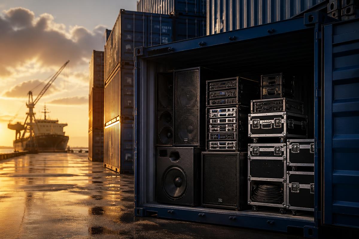 Shipping container at a port filled with professional audio speakers and amplifier flight cases