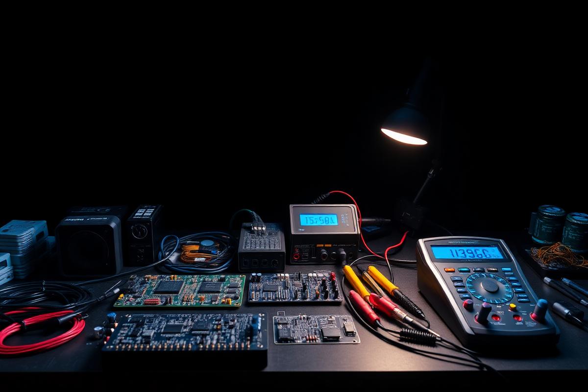 Electronics repair workbench with circuit boards, soldering tools and diagnostic equipment