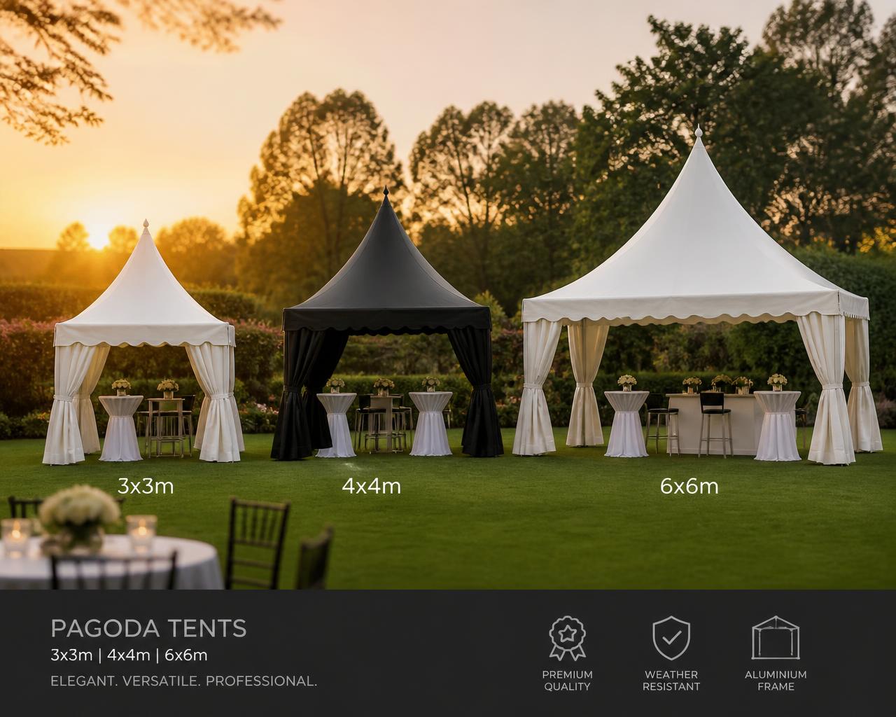 White and black pagoda tents at an event