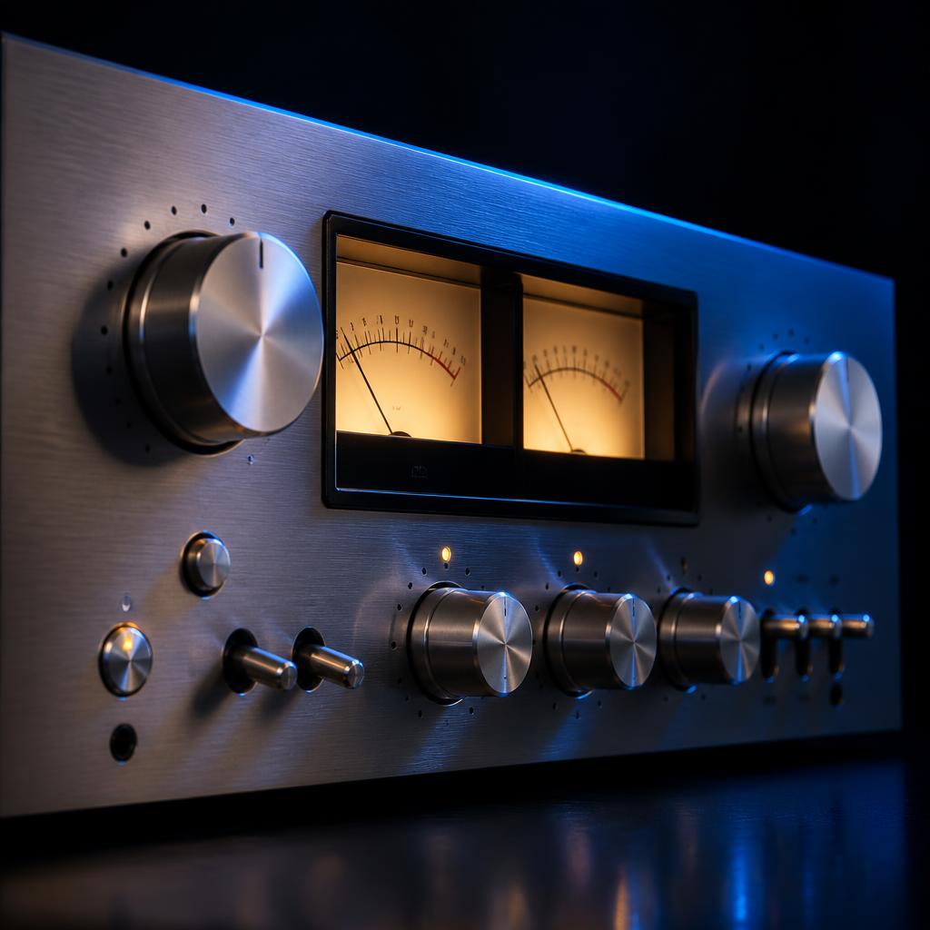 Analogue amplifier front panel with VU meters and control knobs