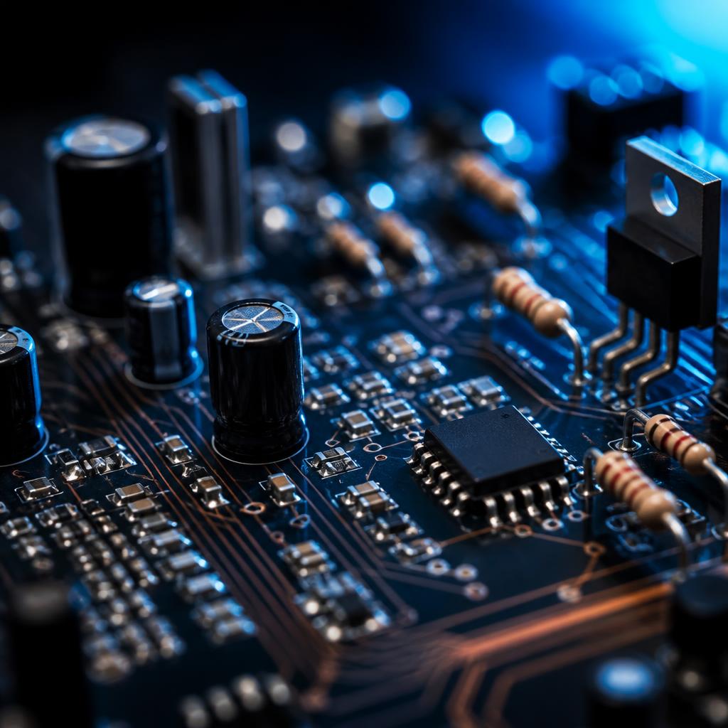 Audio amplifier circuit board with SMD and through-hole components