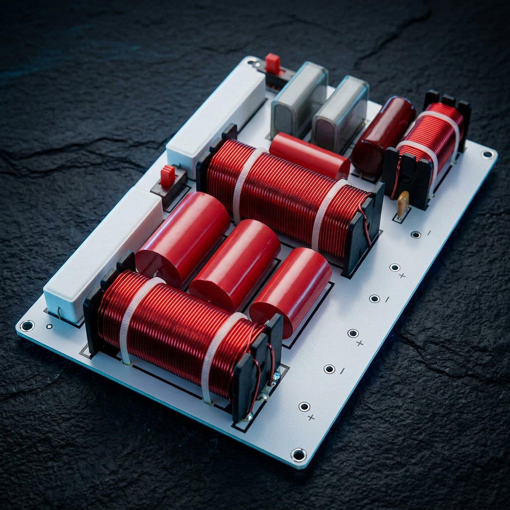 3-way speaker crossover board with capacitors, inductors and resistors