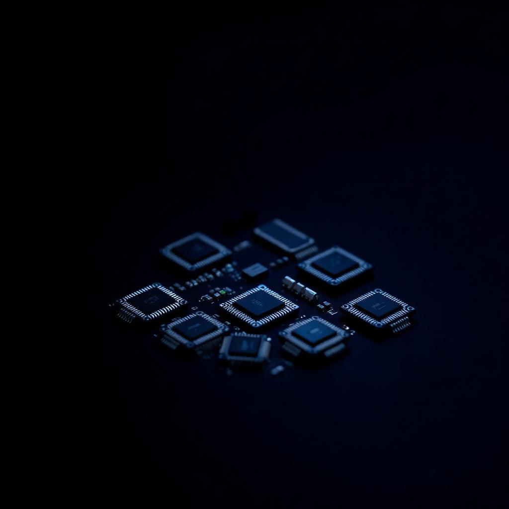 Integrated circuit chips and transistors on a dark surface