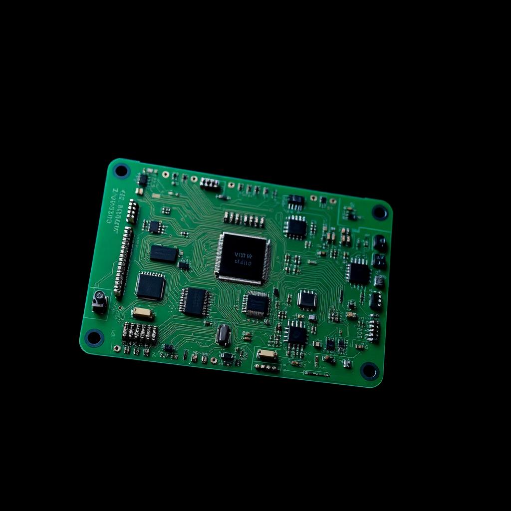 Green printed circuit board with copper traces and electronic components