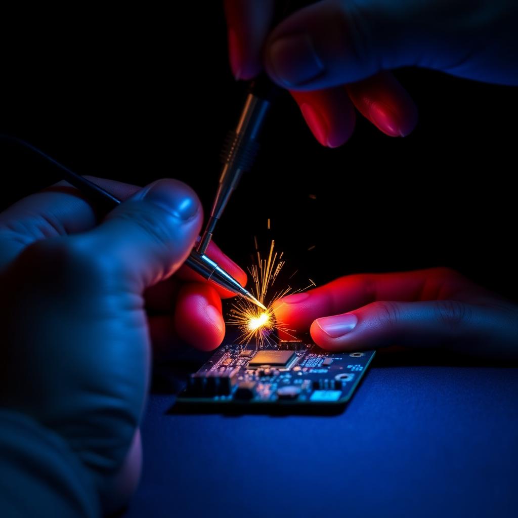 Technician soldering an electronic circuit board with precision tools