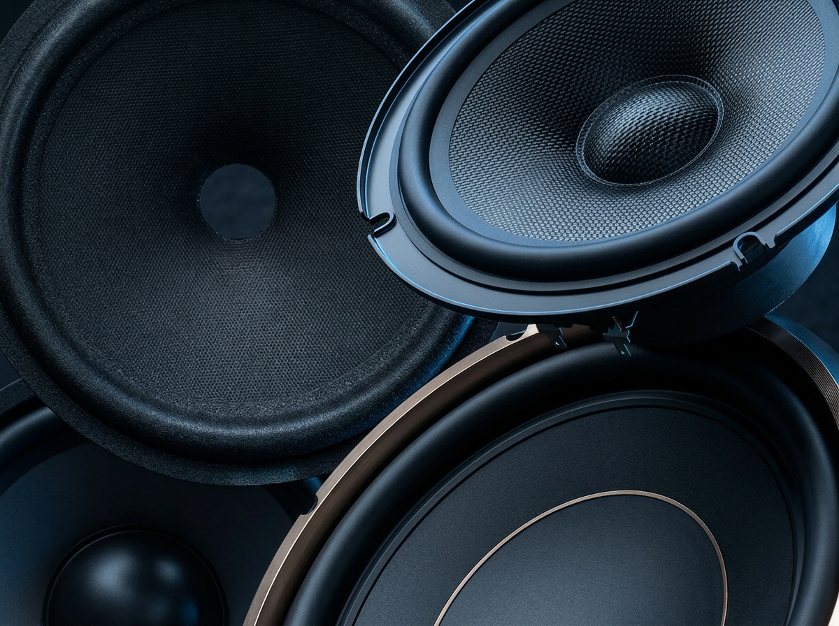 Assortment of black paper and composite speaker cones