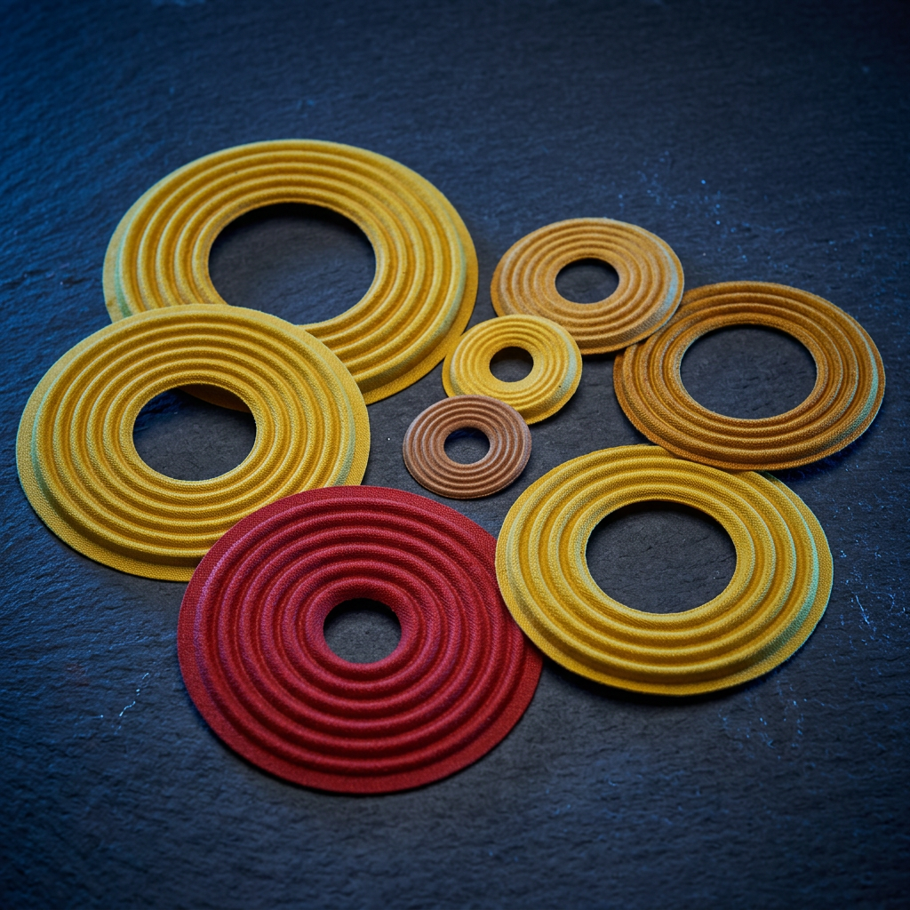 Yellow and red speaker spider damper suspensions in various sizes