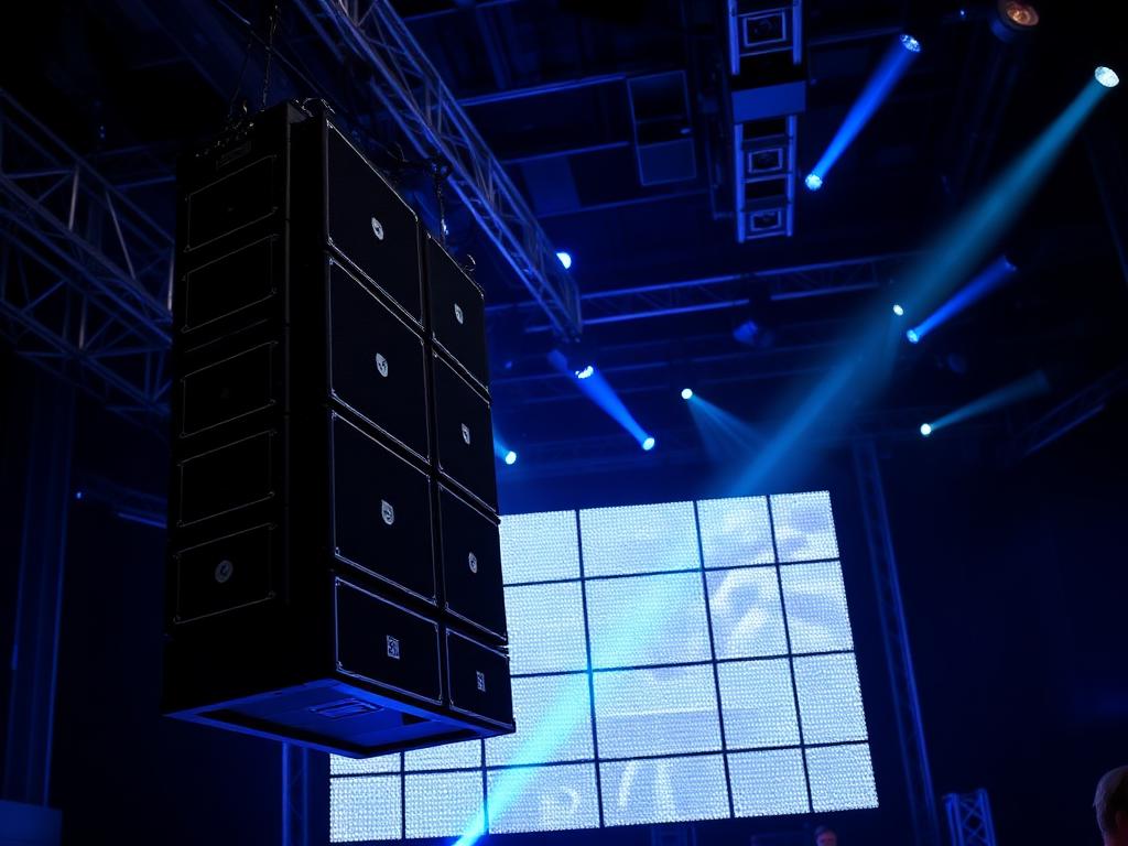 Line array speakers on stage