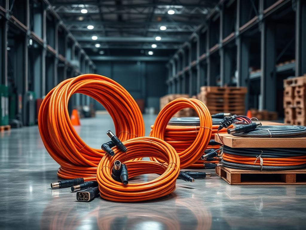 Coiled orange power cables, signal cables, and custom multi-core electric cables on wooden pallets in a warehouse