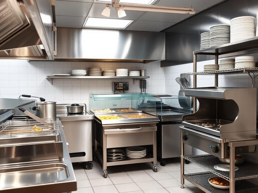 Stainless steel fast food kitchen equipment including fryers, griddles, and bain-maries in a commercial kitchen