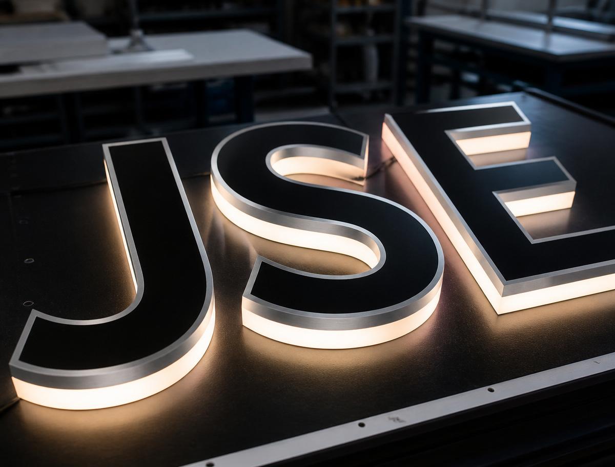 LED signage production workshop with illuminated channel letters and backlit acrylic light boxes on a workbench