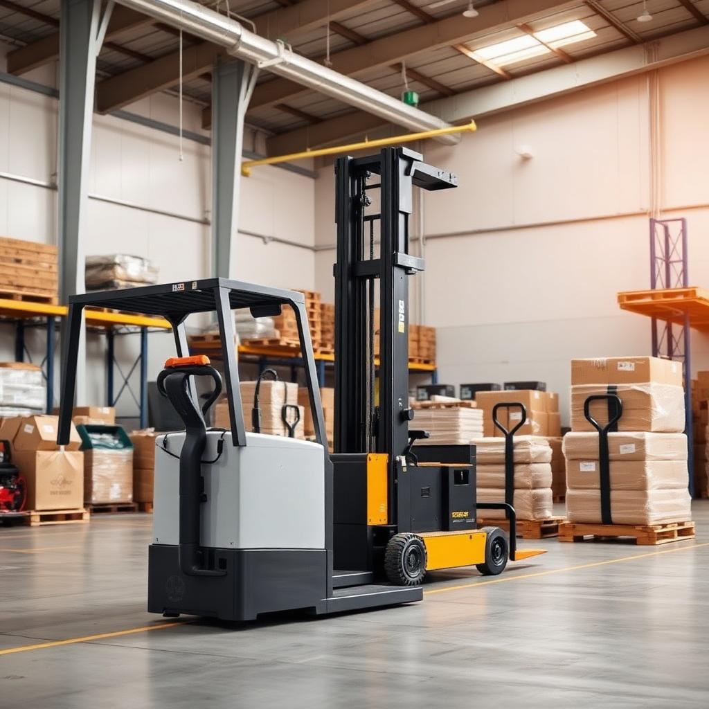 Electric forklift and material handling equipment inside a warehouse
