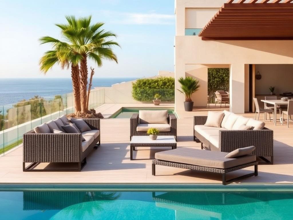 Modern rattan and aluminum outdoor furniture set on a luxury villa terrace with pool