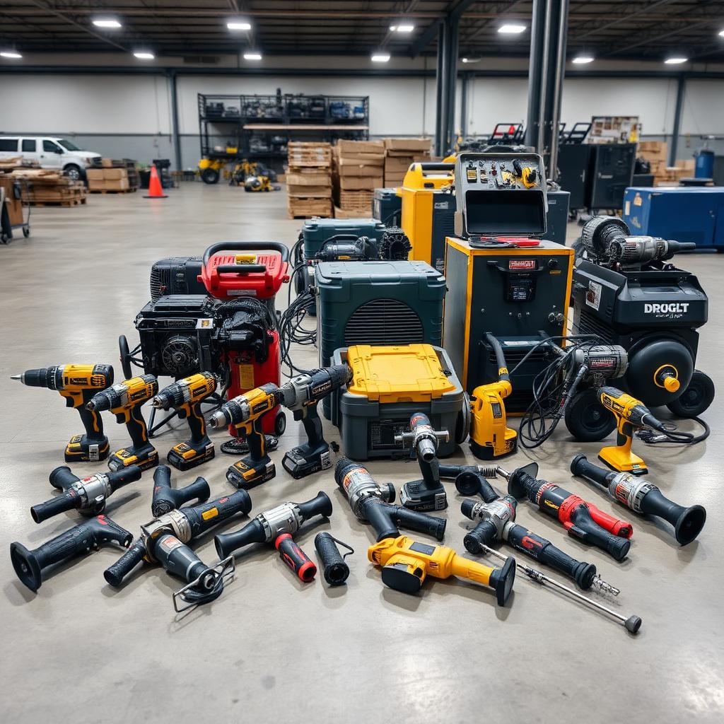 Industrial power tools, drills, grinders and welding equipment in a warehouse