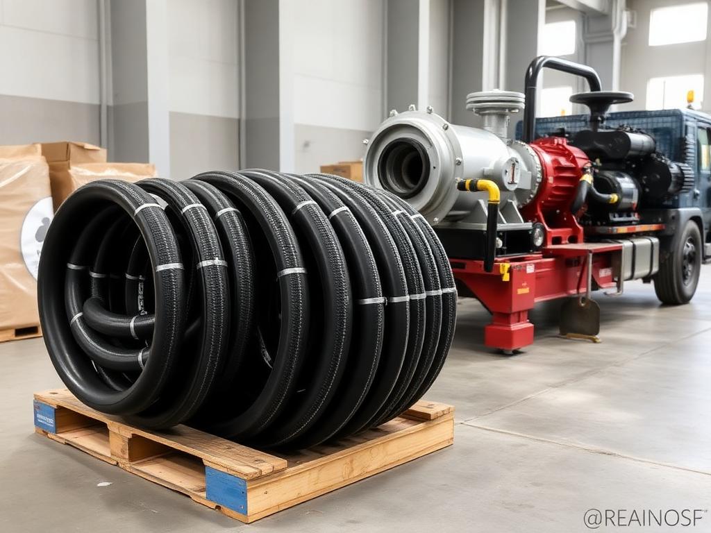 PVC steel wire reinforced hoses and a truck-mounted water pump in a warehouse