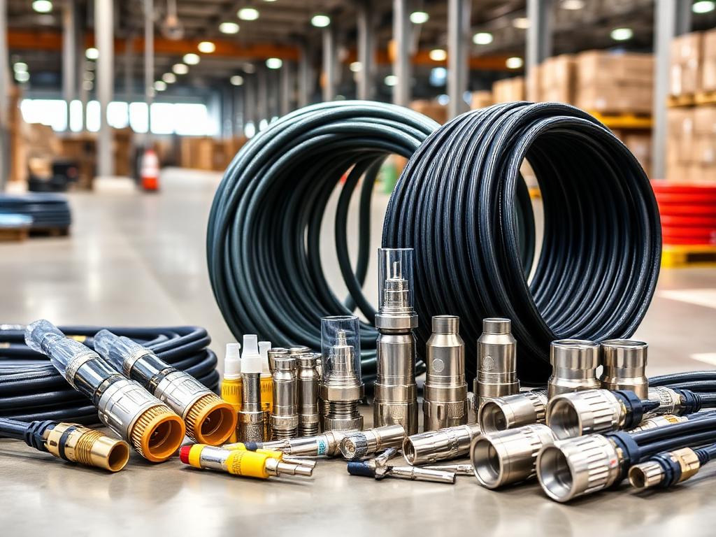 PVC steel wire armored cable and industrial camlock power connectors on a warehouse floor