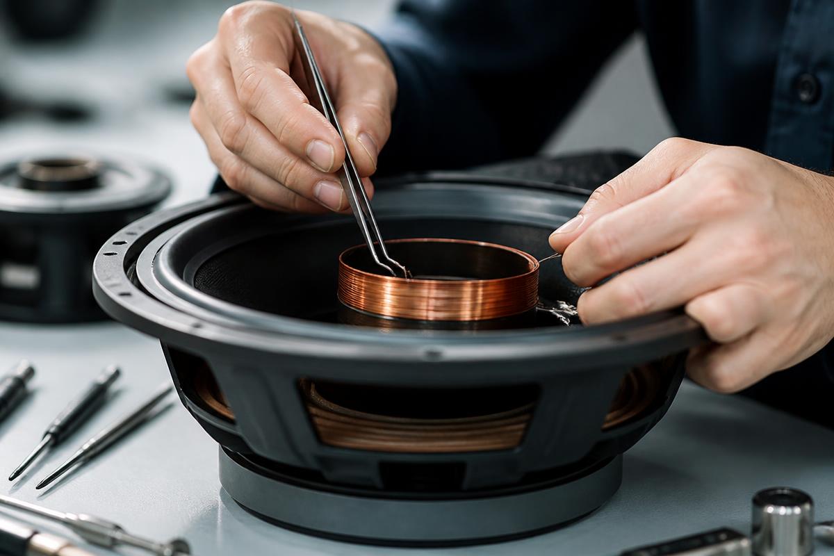 Close-up of a technician repairing a professional speaker cone